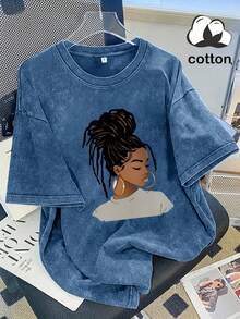 2026 Summer Women's Casual Short Sleeve T-Shirt, Hot Girl Portrait Print, Washed Cotton Crew Neck Tee, 100% Cotton Everyday Wear, Available S-3XL - 藏青色 - 查看 7
