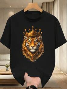 T-Shirt Da Uomo Con Stampa Grafica Tiger Crown, Primavera, Girocollo, Vestibilità Ampia, Casual, Comoda, Stampa Artistica - 黑色 - 查看 2
