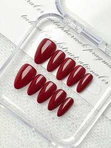 10片手工可佩戴美甲贴纸，短杏仁形压制假指甲，甜美奢华风格，光滑亮泽的纯红色短压制假指甲，适合女性和女孩日常及假日佩戴，包含美甲工具套装。 - 彩色 - 查看 5