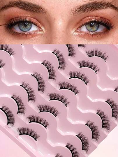 ENCHUW 16 Pairs Natural Looking Half Lashes Fluffy Wispy Fake Eyelashes Curling Cat Eye Lashes Faux Mink Lashes False Eyelashes For Daily Wear