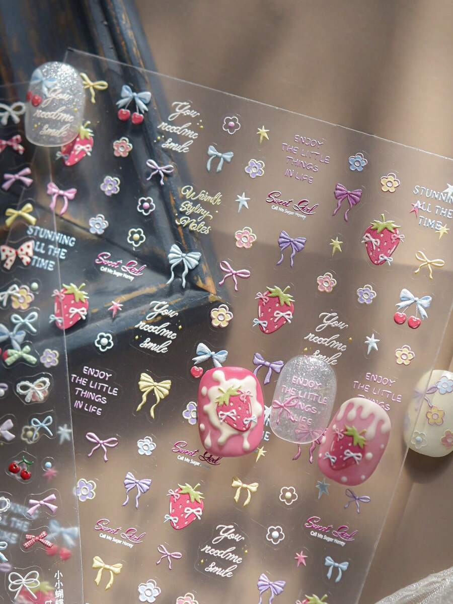 1片5D立体精致蝴蝶结草莓美甲贴纸，甜美樱桃迷你花卉彩色花卉装饰简约DIY美甲贴纸 - 彩色 - 查看 1