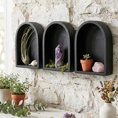 1pc/3pcs Black Arch Wall Shelf Decorative Floating Storage Rack Boho Aesthetic Wall Organizer Minimalist Display Shelf Elegant Arch Design Functional Corner Shelf Multi-Functional Storage Holder For Crystal Plant Essential Oil Perfume Candle Display Living Room Bedroom Bathroom Entryway Home Decor Stylish Wall Accent Gift Idea