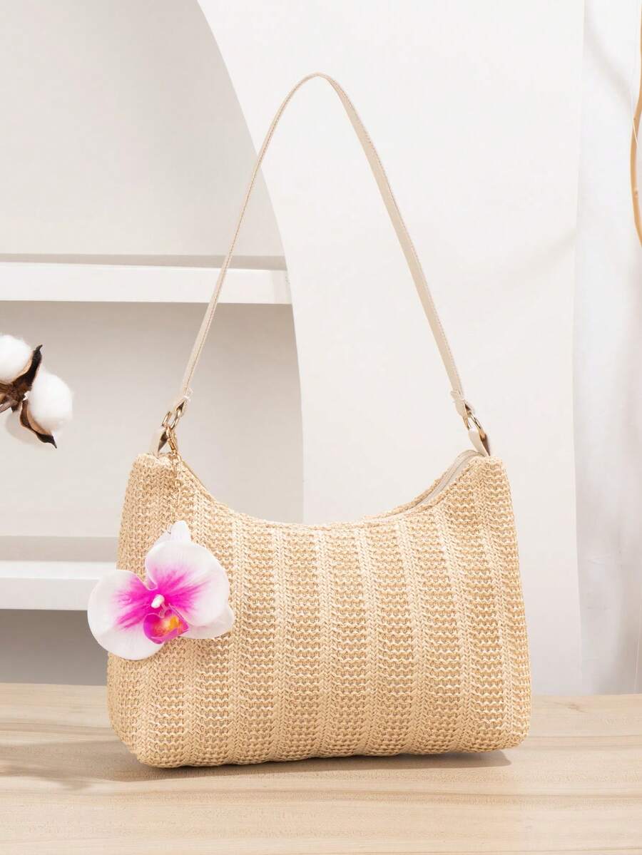 Minimalist Floral Print Shoulder Bag, Women's Handbag, Elegant Chain Bag, Suitable For Daily Use, Work Commute, Dates, Shopping, Afternoon Tea, Parties, Balls, Clubs, Birthdays, Dinners And Valentine's Day Dates. - Beige - View 1