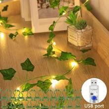 Dây đèn LED hình dây leo uốn cong được, 1 cuộn, 20/50/100 hạt LED với lá xanh và móc leo, kiểu Mori tự nhiên tươi sáng, kết cấu dây leo chân thực, thích hợp cho trang trí đám cưới, lễ đính hôn, Giáng sinh, Lễ Tạ ơn, Ngày của Mẹ, Diwali và các ngày lễ khác. - USB Green Leaf - Xem 6