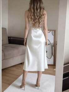 White Satin High Slit Button-Up Skirt, French Elegant A-Line Skirt Spring - 黑色 - 查看 7