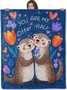 Mother's Day GiftsCute Otter Blanket, Lightweight All Seasons Warm Throw, 50x60 Inch Romantic Cartoon Flannel Blankets, Aniaml Couple And Flower Print Home Decor Accent And Gifts For Sofa, Bedding.Jpg - White - View 1