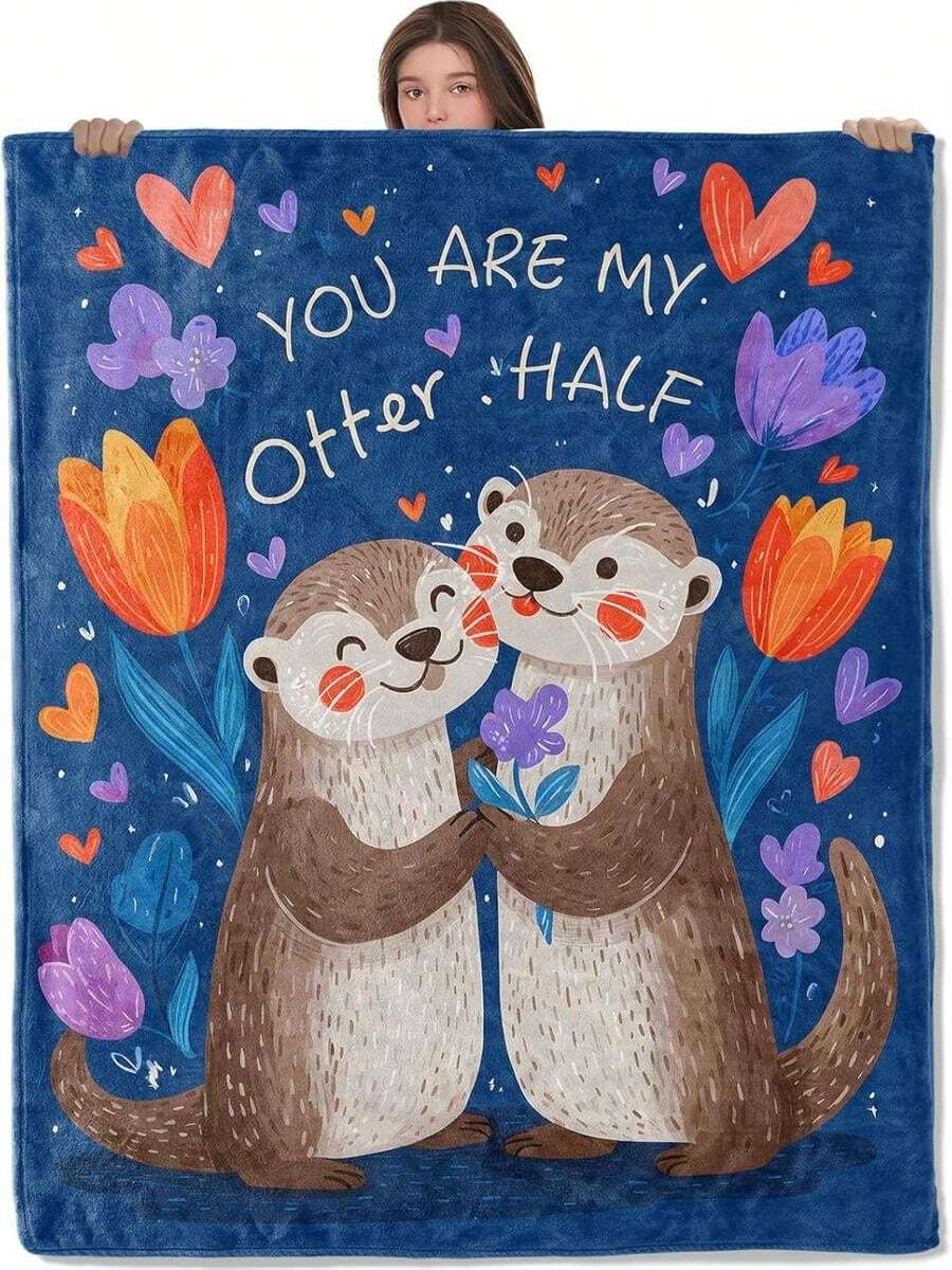 Mother's Day GiftsCute Otter Blanket, Lightweight All Seasons Warm Throw, 50x60 Inch Romantic Cartoon Flannel Blankets, Aniaml Couple And Flower Print Home Decor Accent And Gifts For Sofa, Bedding.Jpg - White - View 1