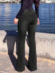 时尚优雅简约女士双排扣修身喇叭牛仔裤，显瘦休闲春季款 - 深灰色 - 查看 5