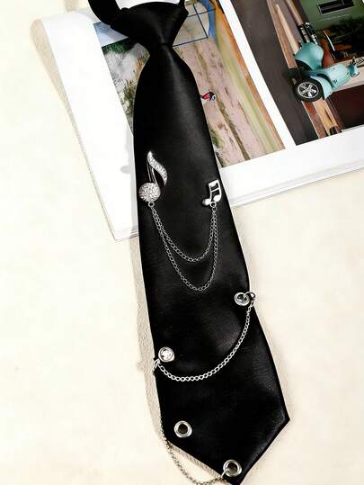 1件男女时尚闪亮水钻创意音符装饰可拆卸纯色JK领带，适合休闲商务日常搭配