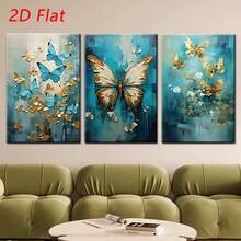 3 tranh nghệ thuật trừu tượng hiện đại hình bướm vàng xanh, tranh canvas 2D dạng phẳng, khung tùy chọn, tranh trang trí nhà cửa phòng khách và phòng ngủ, món quà thanh lịch dành cho phái nữ - Màu xanh lam - Xem 2