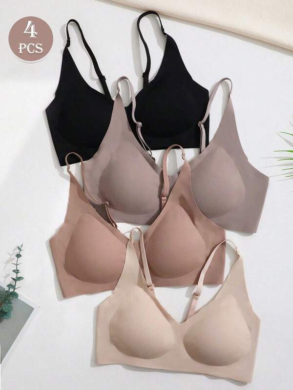 4pcs/Set Women's Solid Color Adjustable Strap Comfortable Casual Bras