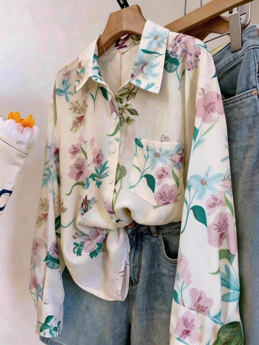 女士印花长袖单排扣休闲衬衫,度假白色春季款 - 白色 - 查看 1