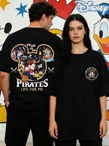 Disney Officially Licensed Vintage Pirate Mouse 1955 Graphic Tee, Retro Magic Wizard Apprentice Streetwear, Oversized Unisex Couple Matching Shirt, California Theme Park Inspired Casual Short Sleeve Top For Men And Women, Classic Retro Vintage Style Tee - 黑色 - 查看 2