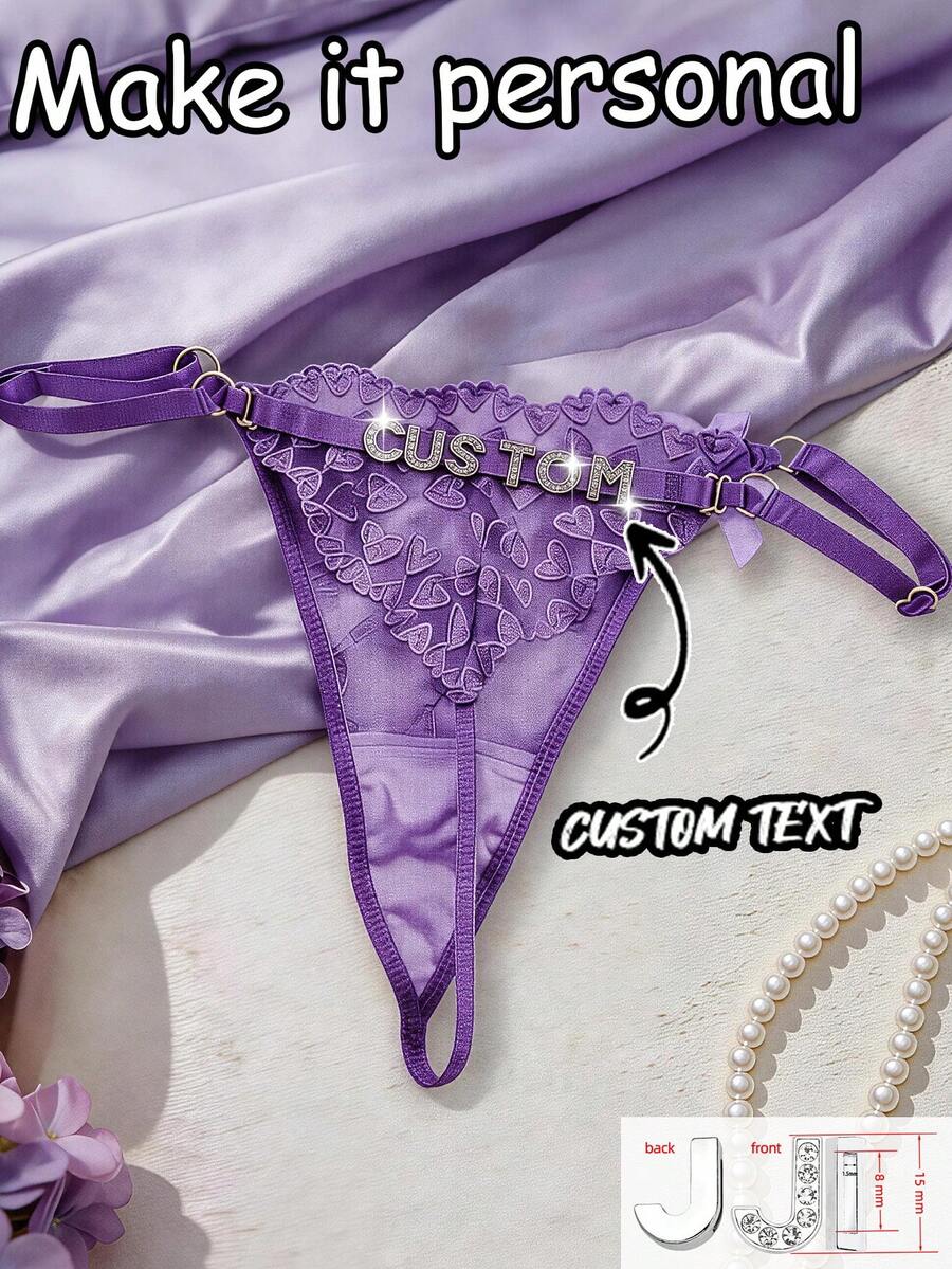 1 chiếc quần lót chữ kim loại tùy chỉnh, tên tùy chỉnh, ren thêu, cạp thấp, có thể điều chỉnh, quần lọt khe gợi cảm - Màu tím - Xem 1