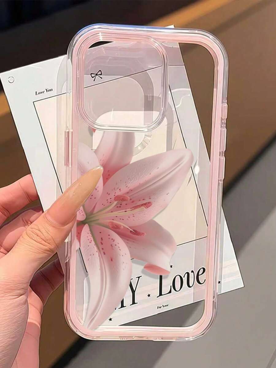 1個粉色百合花圖案透明防震手機殼,配彩色邊框,適用於 iPhone 11 12 13 14 15 16 17 Pro Max/Plus、A56/55/54/53/52/51、S26/25/24/23/22/21 Ultra 系列,精美禮物(國際版,非國內版) - 粉色 - 查看 1