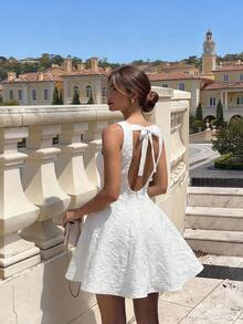 Spring/Summer White Elegant Fashion Date Short Textured Woven Graphic Backless Bow Tie Dress Women - 白色 - 查看 2