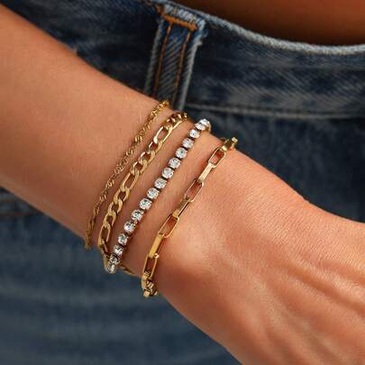 4 piezas Conjunto de pulseras minimalistas y de lujo chapadas en oro de 18K con acero inoxidable e incrustaciones de circonita, pulsera de cadena impermeable, apilable, adecuada para uso diario de mujeres, joyería de fiesta, regalo de vacaciones