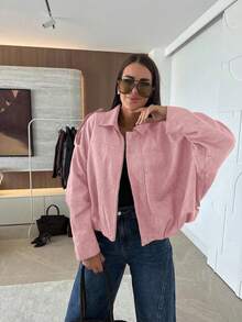 Women's Loose Casual Faux Fur Long Sleeve Single-Breasted Jacket, Suitable For Spring Wear Pink - Pink - View 4