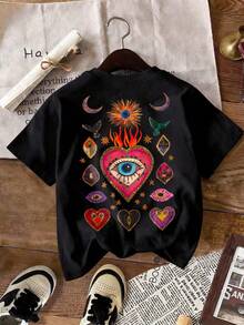 T-shirt décontracté pour femmes grandes tailles, T-shirt à motif cœur, convient comme cadeau pour les amis et la famille. Noir d'été - Noir - Voir 2