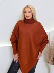 MONNEI Knitted Poncho With High Neck And Asymmetrical Batwing Sleeves, French Style - 銅色 - 查看 1