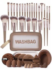44PCS Makeup Tools Set Including:25PCS Makeup Brush Set+1pc Multi-Functional Zipper Toiletry And Cosmetic Bag Waterproof+3PCS Makeup Sponges+3PCS Mini Makeup Sponges+4PCS Triangle Powder Puffs+3PCS Mini Air Cushion Powder Puffs+1pc Makeup Brush Cleaning Tools+1pc Facial Cleansing Sponges+3PCS Circular Powder Puffs - Coffee Brown - View 13