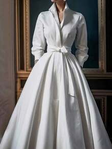 Women's Elegant Solid White Structured Satin Lapel Collar Long Sleeve Self-Tie Belted Waist Flared A-Line Maxi Shirt Dress, Old Money Aesthetic French Vintage Formal Evening Gown For Wedding Guest Date Night Office Commute Prom Streetwear Photography - 酒紅色 - 查看 7