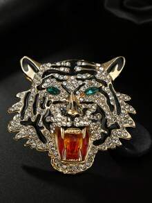 1pc Fashionable Metal Rhinestone Tiger Brooch, Suitable For Men's Casual Suits (No Box), Can Be Pinned On Clothes, Bags, Accessories - Gold - View 1