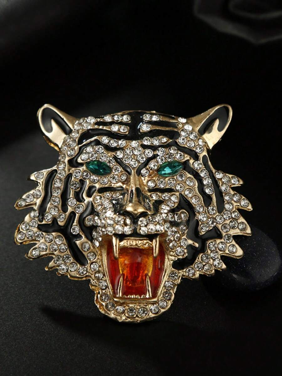 1pc Fashionable Metal Rhinestone Tiger Brooch, Suitable For Men's Casual Suits (No Box), Can Be Pinned On Clothes, Bags, Accessories - Gold - View 1