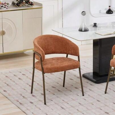 Modern Chenille Dining Chair With Armrests, Upholstered Armchair With Vintage Brass Metal Legs For Kitchen And Dining Room, Single Handle, Orange, SW1876OG