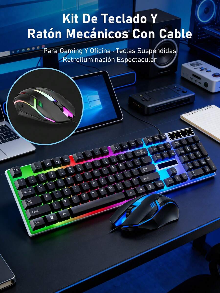 Conjunto de teclado y mouse para juegos  Teclado mecánico táctil Mouse 1000DPI ajustable Sincronización de luz de fondo colorida general Plug and play Primera opción para principiantes en deportes electrónicos