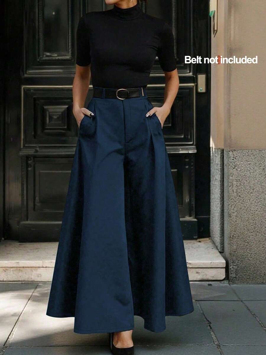 女士简约优雅通勤纯色褶裥斜插口袋阔腿裤 春季款 - 藏蓝色 - 查看 1