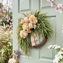 23.62 Inch Hydrangea & Eucalyptus Wreath With Bow Rustic Farmhouse Door Wall Decoration, Beige/Flowers & Green Foliage, Durable Plastic Frame For Front Door, Thanksgiving, Halloween, Christmas, Fall Decor, Room Decor - Rượu sâm banh - Xem 5