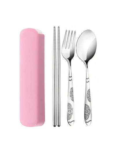 四件套不锈钢餐具，手柄刻有图案，包括勺子、叉子和筷子，配有收纳盒，适用于甜点、水果、面条、寿司等，也适用于餐厅、露营、野餐、办公室等场合，便携式餐具套装。