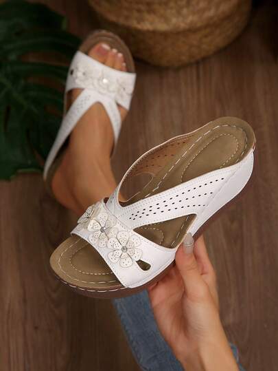 Sandalias de cuña huecas cómodas de unicolor, estilo vintage, boho, casual, de resort de playa, adecuadas para primavera/verano