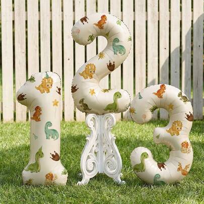 Bộ 3 bóng bay hình khủng long 32 inch màu kem, bóng bay số bằng giấy bạc kèm sticker hình khủng long, thích hợp trang trí tiệc sinh nhật cho trẻ em (sticker tự dính).