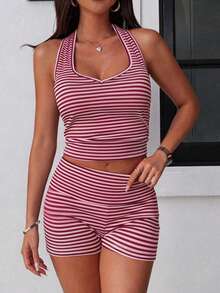 2pcs Women Sports & Casual Camisole Top And Striped Shorts Set Summer Elegant - Pink Stripes - View 7