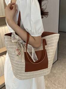 Túi tote lớn đan bằng rơm dành cho nữ, túi du lịch biển thời trang, túi đeo vai rộng rãi đa năng kèm khăn quàng cổ. - Màu be - Xem 3