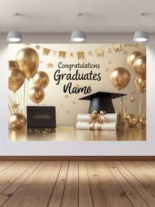 1 Customizable Name 2025 Graduation Party Backdrop - Black And Gold Hat Balloon Design, Polyester Congratulatory Banner, Back To School - Multicolor - View 9
