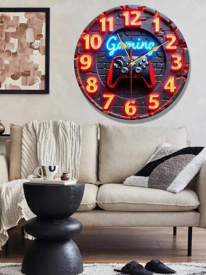 1个Gamemad霓虹夜光游戏时钟，带游戏手柄指针 - 静音石英机芯，大尺寸易读表盘，木质结构，适用于游戏室、客厅、卧室 - 理想的生日/圣诞礼物（不含AA电池） - 现代家居装饰，男女皆宜，复古游戏美学，静音运行，完美契合游戏玩家的需求