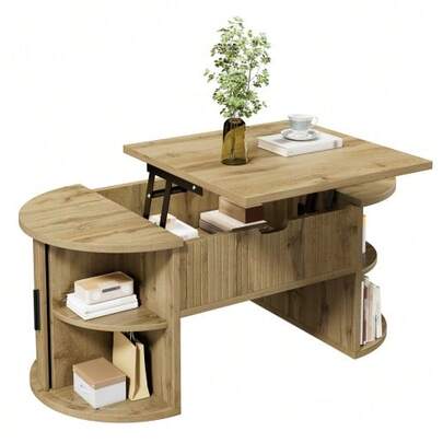 Modern Height-Adjustable Coffee Table, Height-Adjustable Coffee Table For Living Room, Open Shelves And Hidden Storage Space, Sliding Doors, Ideal For Small Apartments And Home Offices