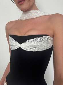 2026 Summer New Style Personalized And Creative Lace-Trimmed Strapless Bodycon Slimming Crop Top For Women - Black - View 2