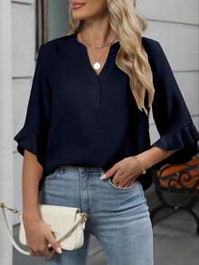 Plus Size Women V-Neck Ruffle Sleeve Solid Color Blouse Spring - Navy Blue - View 2