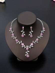 Set de joyería nupcial de 3 piezas con corona de lujo con rhinestones, conjunto de collar y aretes con corona de diamantes rosas estilo princesa, adecuado para boda/fiesta - Rosa - Ver 7