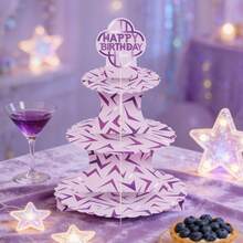 1pc Purple Lightning & Pink Cupcake Stand, Music Birthday Party Decor, Cake Topper, Cupcake Stand & Dessert Table Tray, 3-Tier Cupcake Stand Birthday Party Decoration - View 5
