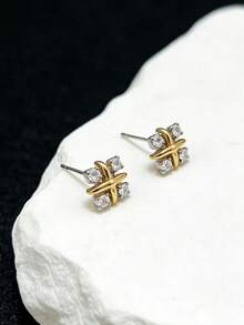 1 đôi bông tai hình chữ "X" bằng bạc S925 và mạ vàng 18K, đính kim cương, thích hợp cho phụ nữ đeo hàng ngày, thời trang. - Bông tai - Xem 5