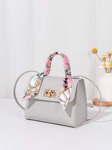 1pc Girls' Solid Color Mini Crossbody Bag, Scarf Decor Handbag, Suitable For Daily Use, Ideal Gift Choice - Grey - View 4