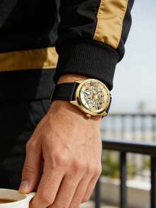Guess 1 Đồng hồ thạch anh dành cho nam, GW0389G2, Dây da, Hiển thị ngày, Kiểu dáng nam tính, Phong cách sang trọng nhẹ nhàng, Đồng hồ cơ, Phụ kiện thời trang dành cho nam, Thích hợp để đeo hàng ngày, Làm quà tặng cho anh ấy/cô ấy, Ngày của cha, Ngày kỷ niệm, Quà sinh nhật, Quà tặng bạn trai. - Vàng - Xem 4