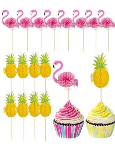 Hawaiian Style Iris Flower & Pineapple Shaped Cupcake Toppers, 3D Iris Flower And Pineapple Shaped Cake Decorations, Suitable For Hawaiian Theme Party, Baby Shower, Birthday, Wedding Cake Decoration, Iris Flower And Pineapple Cocktail Stirrers
