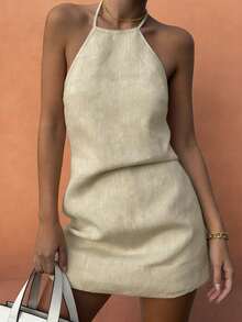 Vestido mini elegante y versátil con lazo y sin tirantes, sin mangas, para primavera/verano, nueva llegada (ropa regular) - Albaricoque - Ver 3