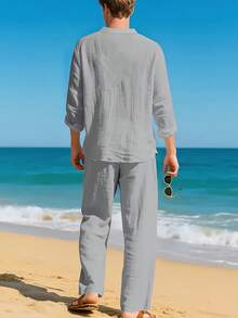 Men's Linen Casual 2 Piece Outfits Long Sleeve Lapel Shirt & Long Pants Set Loose Fit V Neck Tops Breathable Beach Vacation Daily Streetwear All Season Spring Summer Autumn New Arrival - 灰色 - 查看 3